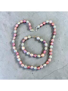 Vintage IPS Cultured Pearl Necklace & Bracelet 925 Set Multicolor Baroque Pearls